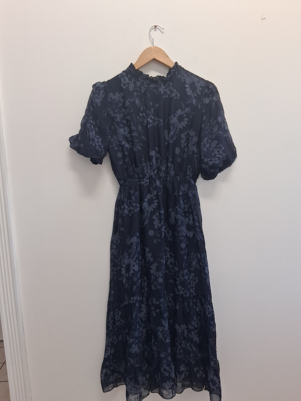 Elena Baldi Silk Blend Floral Navy Midi Dress Size Large Made In Italy Tonal
